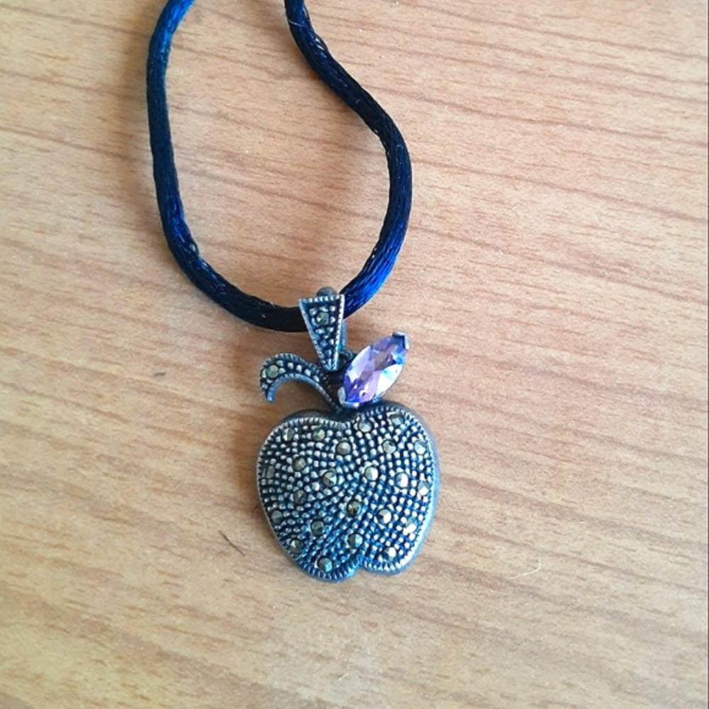 Sterling Silver Amethyst and Marcasite Apple Pendant with Rope Chain